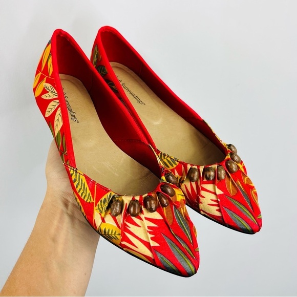 Soft Surroundings Shoes - Soft Surroundings Size 6.5 Palm Red Beaded Pointed Toe Satin Ballet Flats